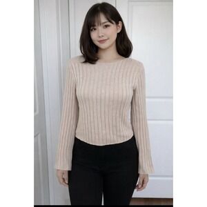 Hippie Rose Ribbed Knit Sweater Medium Neutral Tan Boho Cottagecore Bell Sleeve